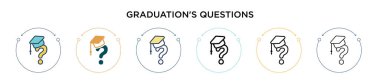 Mezuniyet sorularının ikonu, ince çizgi, özet ve vuruş tarzında. İki renkli ve siyah mezuniyet soru vektör simgeleri tasarımı mobil, ui, web için kullanılabilir