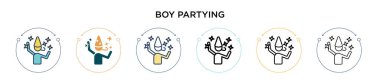 Erkek çocuk parti ikonu, ince çizgi, özet ve vuruş stili. İki renkli ve siyahi çocuğun vektör ikonlarının vektör çizimi mobil, ui, web için kullanılabilir