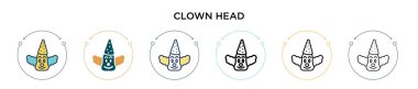 Palyaço kafası ikonu, ince çizgi, özet ve vuruş stili. Mobil, ui, web için iki renkli ve siyah palyaço baş vektör ikonu tasarımı vektör çizimi kullanılabilir