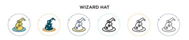 Büyücü şapkası simgesi dolu, ince çizgi, özet ve vuruş stili. Mobil, ui, web için iki renkli ve siyah sihirbaz şapka vektör ikonu tasarımı vektör illüstrasyonu kullanılabilir