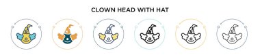 Şapka ikonlu palyaço kafası. İnce çizgi, taslak ve vuruş stili. Şapka vektör simgeli iki renkli ve siyah palyaço kafasının vektör illüstrasyonu mobil, ui, web için kullanılabilir