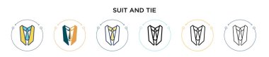 Takım elbise ve kravat simgesi dolu, ince çizgi, özet ve vuruş stili. Mobil, ui, web için iki renkli ve siyah takım elbise ve kravat vektör ikonu tasarımı vektör illüstrasyonu kullanılabilir