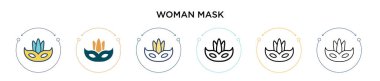 Kadın maskesinin simgesi, ince çizgi, özet ve vuruş stili. Mobil, ui, web için iki renkli ve siyah kadın maske vektör ikonu tasarımı vektör illüstrasyonu kullanılabilir