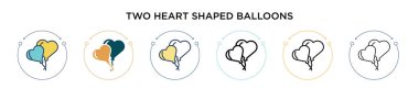 İki kalp şeklinde balon ikonu doldurulmuş, ince çizgi, ana hatlar ve vuruş stili. İki renkli ve siyah kalp şekilli balon vektör ikonu tasarımı mobil için kullanılabilir, ui, 
