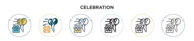 Kutlama simgesi dolu, ince çizgi, özet ve vuruş stili. Mobil, ui, web için iki renkli ve siyah kutlama vektör simgesi tasarımı vektör illüstrasyonu kullanılabilir