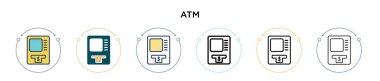 ATM simgesi dolu, ince çizgi, özet ve vuruş stili. Mobil, ui, web için iki renkli ve siyah ATM vektör ikonu tasarımı vektör illüstrasyonu kullanılabilir