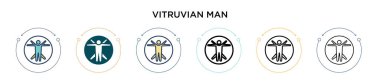 Vitruvian erkek ikonu, ince çizgi halinde, ana hatlarıyla ve vuruş tarzıyla. Mobil, ui, web için iki renkli ve siyah vitruvius erkek vektör ikonu tasarımı vektör illüstrasyonu kullanılabilir