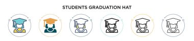Öğrenci mezuniyet şapkası ikonu, ince çizgi, özet ve vuruş stili. İki renkli ve siyah öğrencinin vektör illüstrasyonu mezuniyet şapka vektör simgeleri mobil, ui, web için kullanılabilir