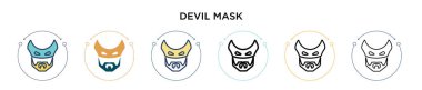 Şeytan maskesi simgesi dolu, ince çizgi, dış hatlar ve vuruş stili. Mobil, ui, web için iki renkli ve siyah şeytan maskeli vektör ikonu tasarımı vektör illüstrasyonu kullanılabilir