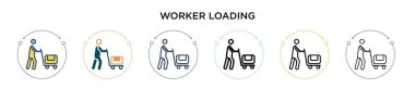 İşçi ikonu doldurulmuş, ince çizgi, özet ve vuruş stiliyle yüklüyor. İki renkli ve siyah işçinin vektör simgeleri yükleme vektör illüstrasyonu mobil, ui, web için kullanılabilir