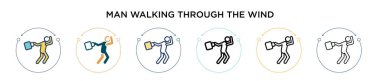 Rüzgâr ikonunda yürüyen adam ince çizgi halinde, ana hatlarıyla ve vuruş stiliyle. Rüzgâr vektör simgeleri arasında yürüyen iki renkli ve siyah adamın vektör illüstrasyonu cep telefonu için kullanılabilir,