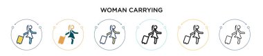 Kadın ikon taşıyor, ince bir çizgi, taslak ve vuruş stili. Vektör simgeleri taşıyan iki renkli ve siyah kadının vektör illüstrasyonu mobil, ui, web için kullanılabilir