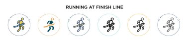 Bitiş çizgisi simgesinde koşmak, ince çizgi, özet ve vuruş stili. Bitiş çizgisi vektör simgelerinde çalışan iki renkli ve siyah vektör illüstrasyonu mobil, ui, web için kullanılabilir