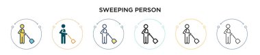 Süpürme kişi simgesi doldurulmuş, ince çizgi, özet ve vuruş tarzı. Mobil, ui, web için iki renkli ve siyah süpürücü insan vektör simgesi tasarımı vektör illüstrasyonu kullanılabilir