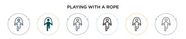 Halat ikonu ile oynamak, ince çizgi, ana hatlar ve vuruş stili. İp vektör simgeleri ile oynayan iki renkli ve siyahın vektör illüstrasyonu mobil, ui, web için kullanılabilir