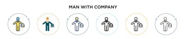 Şirket simgesi dolu, ince çizgili, taslak ve vuruş stili olan bir adam. Şirket vektör simgelerine sahip iki renkli ve siyah adamın vektör illüstrasyonu mobil, ui, web için kullanılabilir