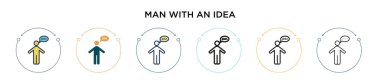 Fikir ikonu dolu, ince çizgi, özet ve vuruş tarzı olan bir adam. Bir fikir vektör simgeleri dizaynına sahip iki renkli ve siyah adamın vektör illüstrasyonu mobil, ui, web için kullanılabilir