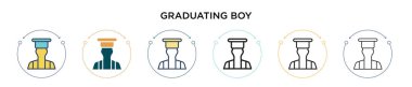 Mezuniyet ikonu dolu, ince çizgi, özet ve vuruş stili. Mobil, ui, web için iki renkli ve siyah erkek vektör ikonu tasarımı vektör illüstrasyonu kullanılabilir