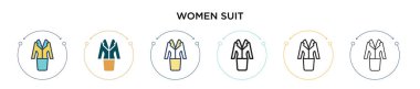 Kadınlar ikonu doldurulmuş, ince çizgi halinde, ana hatlarıyla ve vuruş tarzıyla giyerler. İki renkli ve siyah kadın vektör ikonu tasarımının vektör illüstrasyonu mobil, ui, web için kullanılabilir