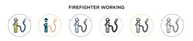 İtfaiyeci ikon halinde çalışıyor. İnce çizgi, ana hatlar ve vuruş stili. Çalışan iki renkli ve siyah itfaiyeci ikonlarının vektör illüstrasyonu mobil, ui, web için kullanılabilir