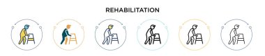 Rehabilitasyon ikonu dolu, ince çizgi, özet ve vuruş stili. İki renkli ve siyah rehabilitasyon vektör ikonu tasarımı mobil, ui, web için kullanılabilir