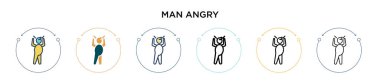 Sinirli bir ikon, ince bir çizgi, özet ve vuruş stili. İki renkli ve siyah adamın vektör illüstrasyonu kızgın vektör simgeleri mobil, ui, web için kullanılabilir