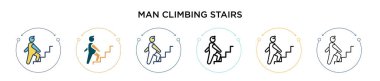 Merdiven tırmanma ikonu, ince çizgi, özet ve vuruş stili. İki renkli ve siyah adamın merdiven tırmanma vektör simgeleri tasarımı mobil, ui, web için kullanılabilir