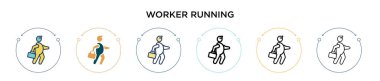 İşçi ikonu doldurulmuş, ince çizgi, ana hatlar ve vuruş stiliyle çalışıyor. Vektör simgeleri çalıştıran iki renkli ve siyah işçinin vektör illüstrasyonu mobil, ui, web için kullanılabilir