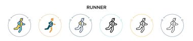 Koşucu simgesi doldurulmuş, ince çizgi, ana hatlar ve vuruş stili. Mobil, ui, web için iki renkli ve siyah vektör ikonu tasarımı vektör illüstrasyonu kullanılabilir