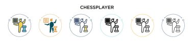 Satranç ustası ikonu, ince çizgi, ana hatlar ve vuruş stili. Mobil, ui, web için iki renkli ve siyah satranç vektör ikonu tasarımı vektör illüstrasyonu kullanılabilir