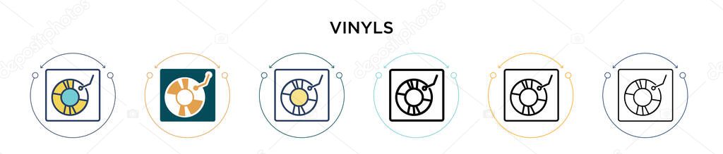 Vinyls icon in filled, thin line, outline and stroke style. Vector illustration of two colored and black vinyls vector icons designs can be used for mobile, ui, web