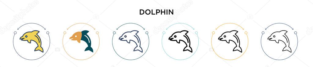 Dolphin icon in filled, thin line, outline and stroke style. Vector illustration of two colored and black dolphin vector icons designs can be used for mobile, ui, web