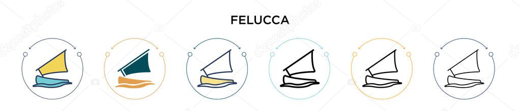 Felucca icon in filled, thin line, outline and stroke style. Vector illustration of two colored and black felucca vector icons designs can be used for mobile, ui, web