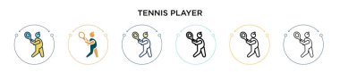 Tenis oyuncusu ikonu doldurulmuş, ince çizgi, dış hatlar ve vuruş stili. Mobil, ui, web için iki renkli ve siyah tenisçi vektör ikonu tasarımı vektör illüstrasyonu kullanılabilir