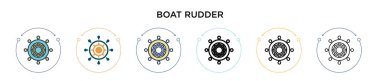 Tekne dümeni simgesi dolu, ince çizgi, ana hatlar ve vuruş stili. Mobil, ui, web için iki renkli ve siyah tekne dümen vektör ikonlarının vektör çizimi kullanılabilir