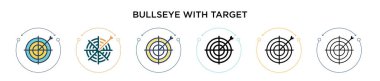 Hedefin sembolü olan hedef simgesi, ince çizgi, ana hatlar ve vuruş stili. Hedef vektör simgelerine sahip iki renkli ve siyah hedef hedef hedef hedef hedef hedef hedefli çizimlerin vektör illüstrasyonları mobil olarak kullanılabilir, 