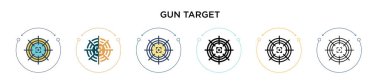 Silah hedef simgesi doldurulmuş, ince çizgi, dış hat ve vuruş stili. Mobil, ui, web için iki renkli ve siyah silah hedef vektör ikonu tasarımı vektör illüstrasyonu kullanılabilir