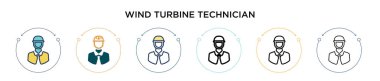 Rüzgar türbini teknisyeni ikonu dolu, ince çizgi, dış hatlar ve vuruş stili. Mobil, ui, web için iki renkli ve siyah rüzgar türbini teknisyen vektör ikonu tasarımı vektör illüstrasyonu kullanılabilir