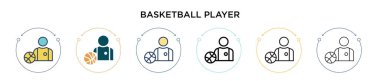 Basketbolcu ikonu doldurulmuş, ince çizgi, dış hatlar ve vuruş stili. Mobil, ui, web için iki renkli ve siyah basketbolcu vektör ikonu tasarımı vektör illüstrasyonu kullanılabilir