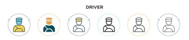 Sürücü simgesi doldurulmuş, ince çizgi, özet ve vuruş stili. Mobil, ui, web için iki renkli ve siyah sürücü vektör ikonu tasarımı vektör illüstrasyonu kullanılabilir