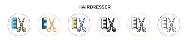 Kuaför simgesi doldurulmuş, ince çizgi, özet ve vuruş stili. Mobil, ui, web için iki renkli ve siyah kuaför vektör ikonu tasarımı vektör illüstrasyonu kullanılabilir