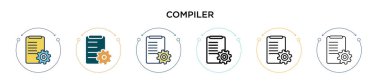 Derleyici simgesi doldurulmuş, ince çizgi, özet ve vuruş stili. Mobil, ui, web için iki renkli ve siyah derleyici vektör ikonu tasarımının vektör illüstrasyonu kullanılabilir