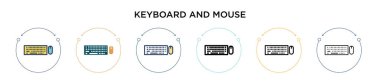 Klavye ve fare simgesi dolu, ince çizgi, özet ve çizgi şeklinde. Mobil, ui, web için iki renkli ve siyah klavye ve fare vektör simgelerinin vektör çizimi kullanılabilir