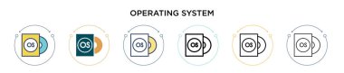İşletim sistemi simgesi dolu, ince çizgi, özet ve çizgi şeklinde. Mobil, ui, web için iki renkli ve siyah işletim sistemi ikonu tasarımı vektör illüstrasyonu kullanılabilir