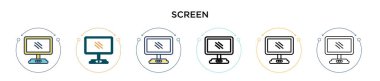 Ekran simgesi doldurulmuş, ince çizgi, özet ve vuruş stili. Mobil, ui, web için iki renkli ve siyah ekran vektör simgesi çizimi kullanılabilir