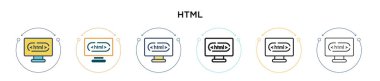 Html simgesi dolu, ince çizgi, özet ve vuruş stili. Mobil, ui, web için iki renkli ve siyah html vektör simgesinin vektör çizimi kullanılabilir