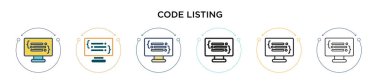 Kod listeleme simgesi doldurulmuş, ince çizgi, özet ve vuruş stili. İki renkli ve siyah kod listeleme vektör simgesi tasarımı mobil, ui, web için kullanılabilir
