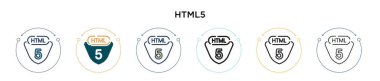 Html5 simgesi doldurulmuş, ince çizgi, özet ve vuruş stili. Mobil, ui, web için iki renkli ve siyah html5 vektör simgesinin vektör çizimi kullanılabilir