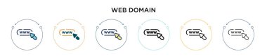 Web alan adı simgesi ile doldurulmuş, ince çizgi, özet ve vuruş stili. Mobil, ui, web için iki renkli ve siyah web alan adı simgesi tasarımının vektör illüstrasyonu kullanılabilir