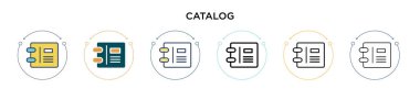 Katalog simgesi dolu, ince çizgi, özet ve vuruş stili. Mobil, ui, web için iki renkli ve siyah katalog vektör ikonu tasarımının vektör illüstrasyonu kullanılabilir